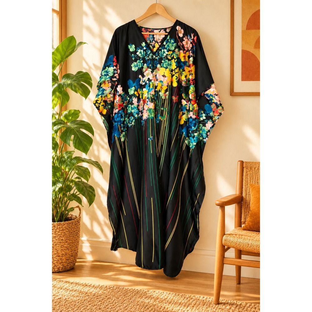 Black Floral Butterfly Caftan Dress One Size Boho 70s Style Mrs Roper Lounge